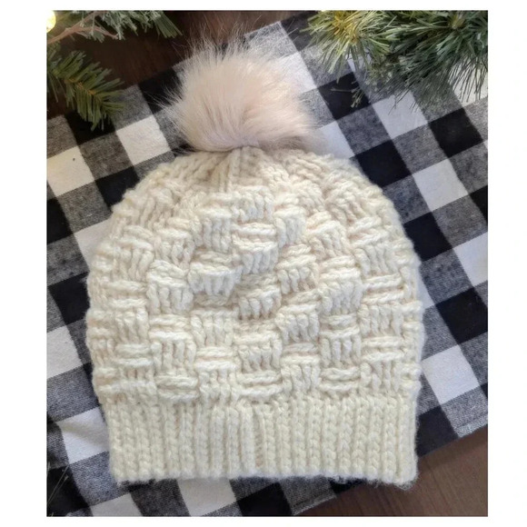 HANDMADE Crochet Cream Plaid Beanie w/ Authentic Chanel Accent Button - Picture 5 of 5
